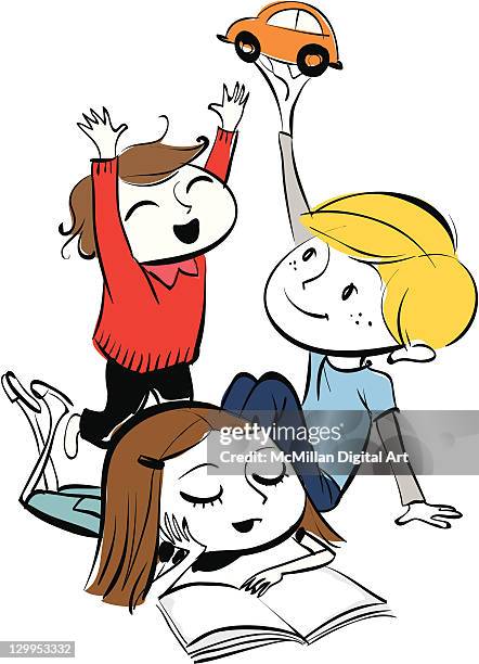 three children playing with toy car and reading - model car stock illustrations