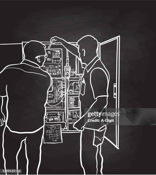 elevator maintenance and repair chalkboard - man elevator stock illustrations