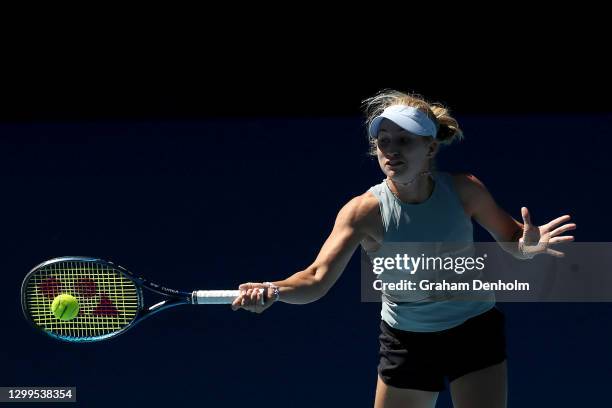 Daria Gavrilova of Australia plays a forehand in her match against Viktoria Kuzmova of Slovakia during day one of the WTA 500 Yarra Valley Classic at...