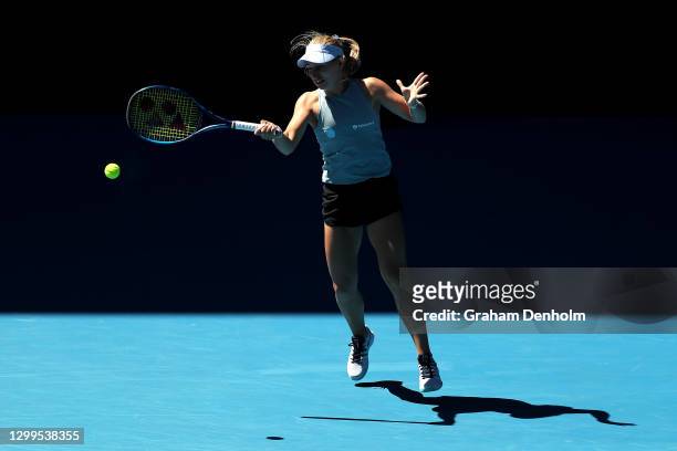 Daria Gavrilova of Australia plays a forehand in her match against Viktoria Kuzmova of Slovakia during day one of the WTA 500 Yarra Valley Classic at...