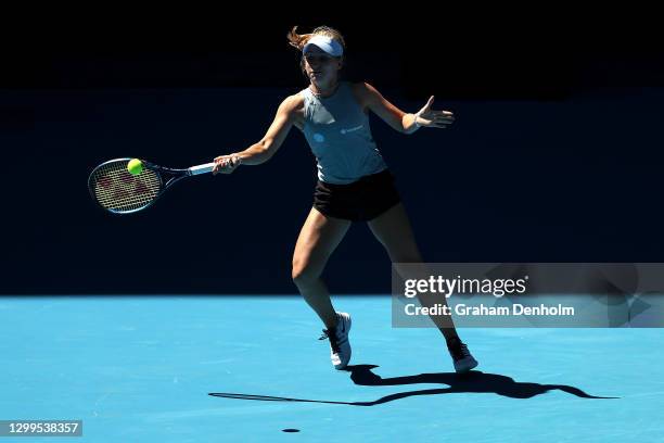 Daria Gavrilova of Australia plays a forehand in her match against Viktoria Kuzmova of Slovakia during day one of the WTA 500 Yarra Valley Classic at...