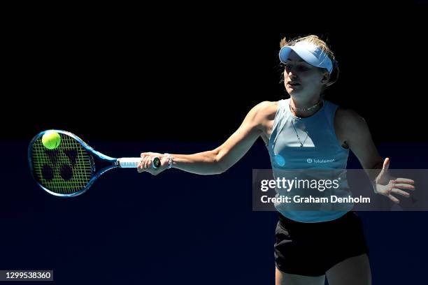 Daria Gavrilova of Australia plays a forehand in her match against Viktoria Kuzmova of Slovakia during day one of the WTA 500 Yarra Valley Classic at...