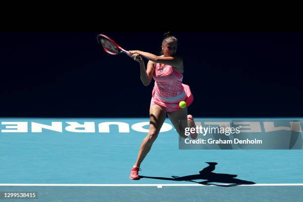 Viktoria Kuzmova of Slovakia plays a backhand in her match against Daria Gavrilova of Australia during day one of the WTA 500 Yarra Valley Classic at...
