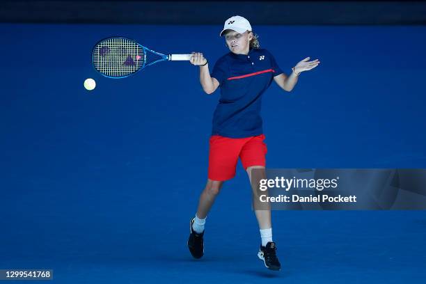 Cruz Hewitt, son of former Australian tennis player Lleyton Hewitt, in action during a practice session at Melbourne Park on January 31, 2021 in...