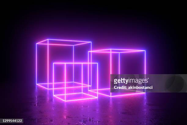 abstrakte ultraviolette neon lichter geometrische form hintergrund - cube stock-fotos und bilder