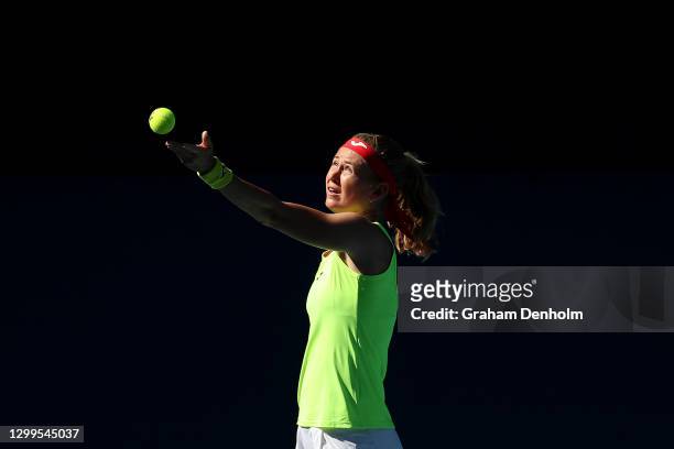 Marie Bouzkova of the Czech Republic serves in her match against Samantha Stosur of Australia during day one of the WTA 500 Yarra Valley Classic at...
