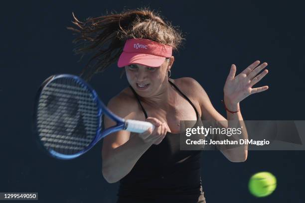 Patricia Maria Tig of Romania plays a forehand in her singles match against Timea Babos of Hungary during day one of the WTA 500 Gippsland Trophy at...