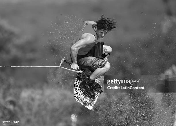 Aaron Christopher Rathy, of Canada, in action during the men's wakeboard final of the water skiing competition as part of the Pan American Games...