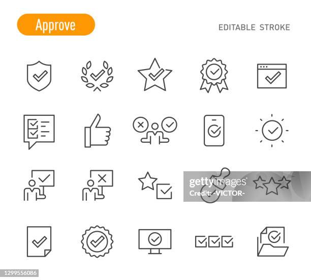 approve icons set - line series - line series - editable stroke - quality stamp stock illustrations