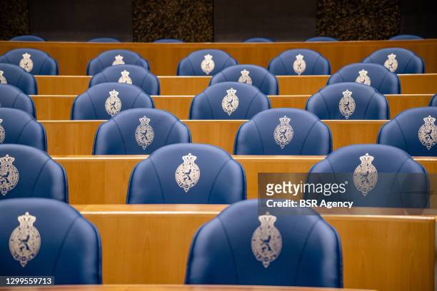 General view of the plenary room seen during the plenary debate in the Tweede Kamer parliament about the resignation of the Rutte administration on...