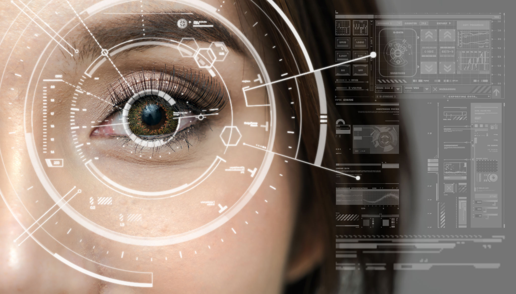 Asian women being futuristic vision, digital technology screen over the eye vision background, security and command in the accesses. surveillance and sefety concept Asian women being futuristic vision, digital technology screen over the eye vision background, security and command in the accesses. surveillance and sefety concept
