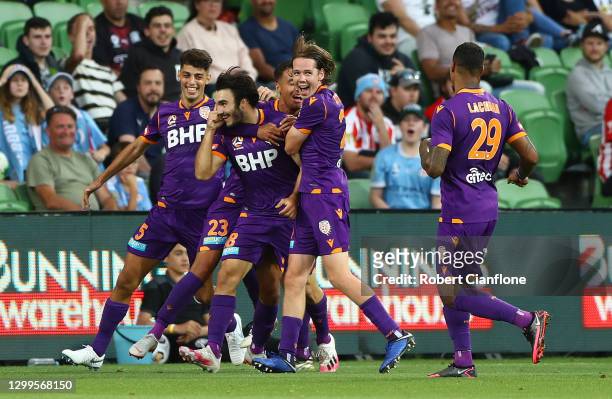Nick D'Agostino of Perth Glory celebrates after scoring a goal during the A-League match between Melbourne City and the Perth Glory at AAMI Park, on...