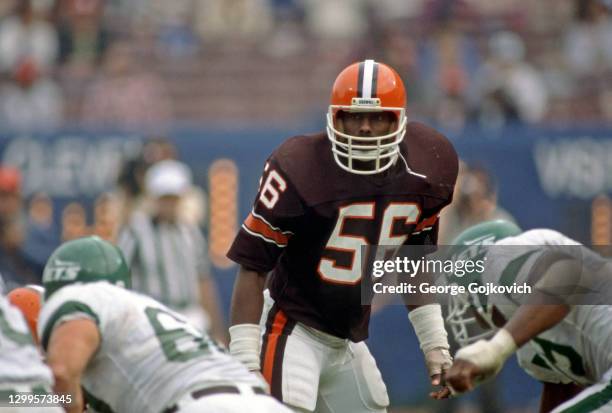 Linebacker Chip Banks of the Cleveland Browns looks on from the field during a game against the New York Jets at Cleveland Municipal Stadium on...