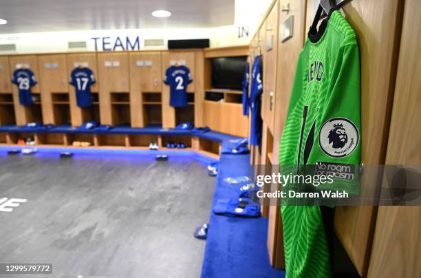 No room for racism sleeve badge is seen bellow the Premier League badge on the shirt of Edouard Mendy of Chelsea inside the Chelsea dressing room...