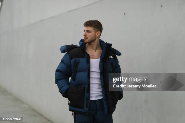 Lukas Gold wearing The North Face ski jacket and pants on January 27, 2021 in Berlin, Germany.