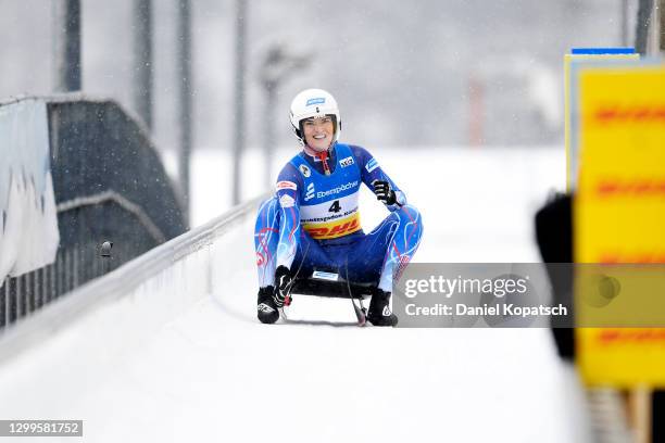 Summer Britcher of the United States reacts after her second run in the Women's Singles during day 3 of the 50th FIL Luge World Championships 2021...