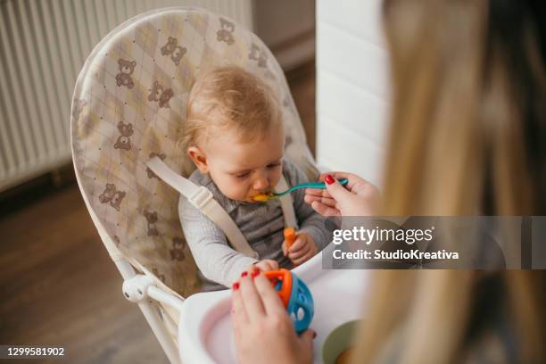 joven madre está alimentando a su bebé - ein elternteil fotografías e imágenes de stock