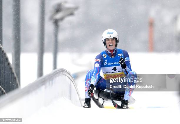 Summer Britcher of the United States reacts after her second run in the Women's Singles during day 3 of the 50th FIL Luge World Championships 2021...