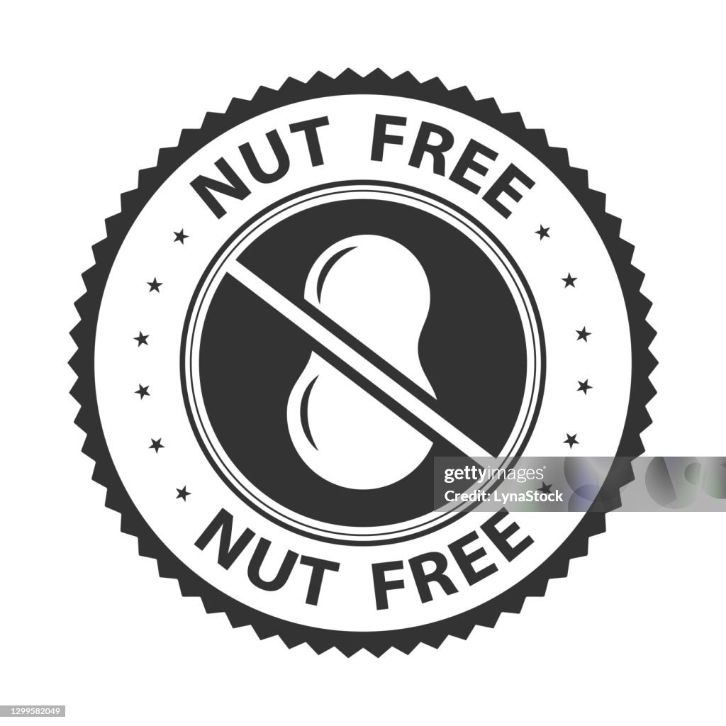 Nut free badge, logo, icon. Vector illustration isolated on white background. Label or sticker flat design. Healthy food concept. No peanut symbol for food packaging or dietetic product nutrition sign