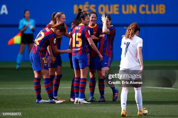 Jenni Hermoso of FC Barcelona celebrates scoring his side's 2nd goal in the 23th minute during the Primera Division Femenina match between FC...