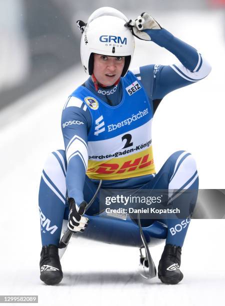 Tatyana Ivanova of Russia reacts after her second run in the Women's Singles during day 3 of the 50th FIL Luge World Championships 2021 LOTTO at...