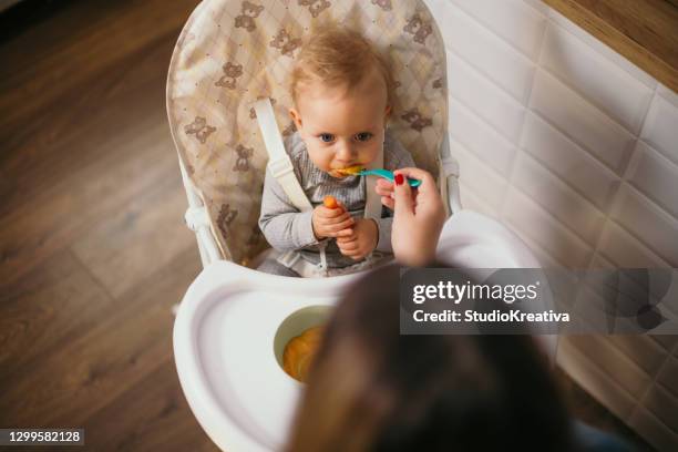 young mother is feeding her baby - ein elternteil stock pictures, royalty-free photos & images