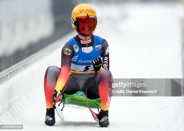 Julia Taubitz of Germany celebrates after winning the Women's Singles during day 3 of the 50th FIL Luge World Championships 2021 LOTTO at Bayern...