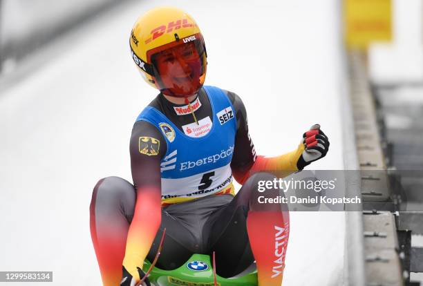 Julia Taubitz of Germany celebrates after winning the Women's Singles during day 3 of the 50th FIL Luge World Championships 2021 LOTTO at Bayern...