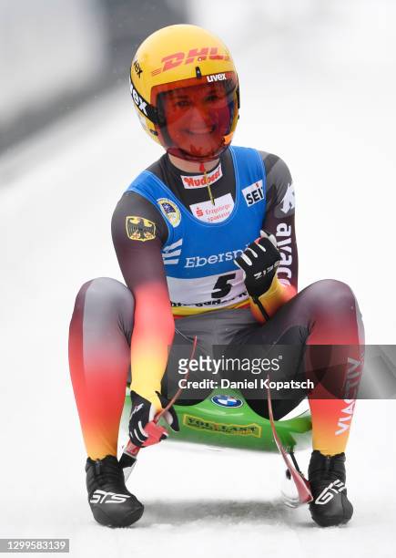 Julia Taubitz of Germany celebrates after winning the Women's Singles during day 3 of the 50th FIL Luge World Championships 2021 LOTTO at Bayern...