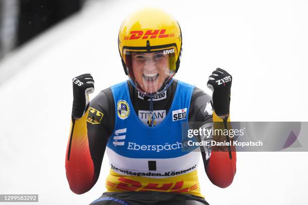 Natalie Geisenberger of Germany celebrates after her second run in the Women's Singles during day 3 of the 50th FIL Luge World Championships 2021...