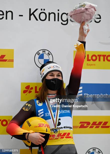 Julia Taubitz of Germany celebrates after winning the gold medal in the Women's Singles competition during day 3 of the 50th FIL Luge World...