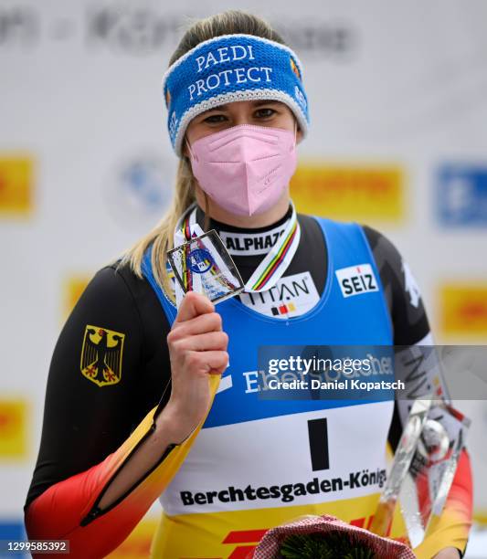 Natalie Geisenberger of Germany celebrates after winning the silver medal in the Women's Singles competition during day 3 of the 50th FIL Luge World...