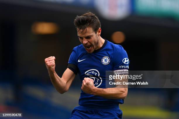 Cesar Azpilicueta of Chelsea celebrates after scoring their side's first goal during the Premier League match between Chelsea and Burnley at Stamford...