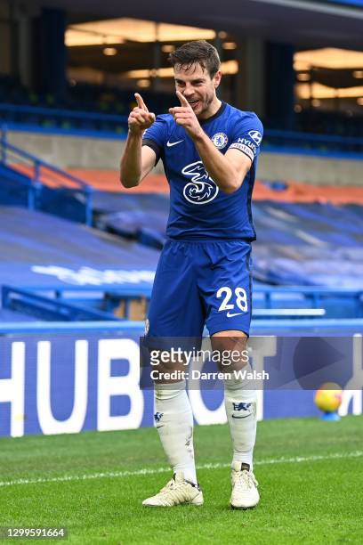 Cesar Azpilicueta of Chelsea celebrates after scoring their side's first goal during the Premier League match between Chelsea and Burnley at Stamford...