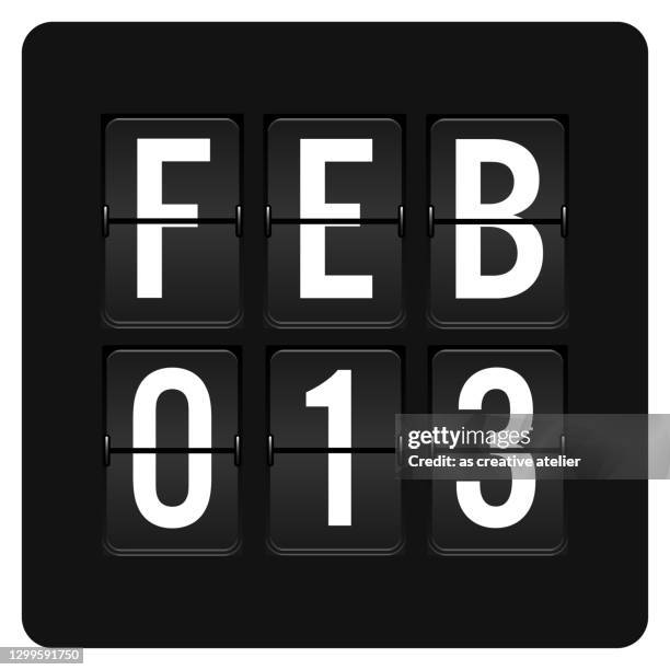 february 13 - daily calendar and black flip scoreboard  digital timer with date - number 13 stock illustrations