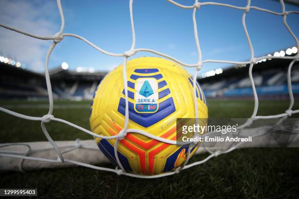 Detailed view of the Nike flight HI-Vis match ball ahead of the Serie A match between Atalanta BC and SS Lazio at Gewiss Stadium on January 31, 2021...