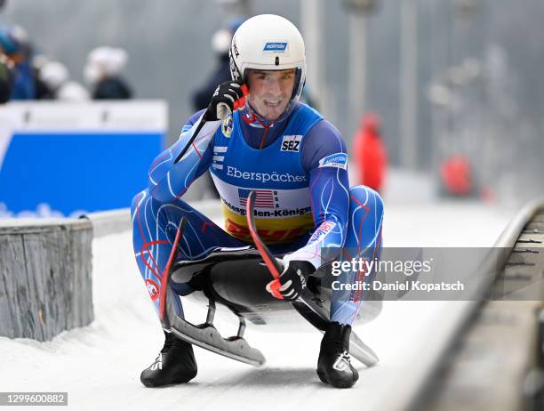 Tucker West of the United States reacts after his run in the team relay competition during day 3 of the 50th FIL Luge World Championships 2021 LOTTO...