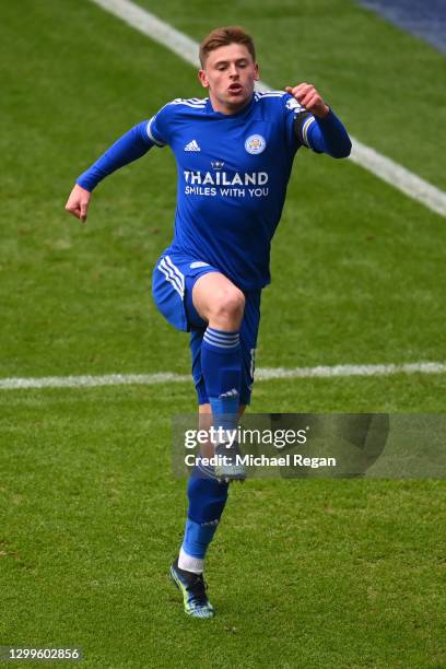 Harvey Barnes of Leicester City celebrates after scoring their side's first goal during the Premier League match between Leicester City and Leeds...