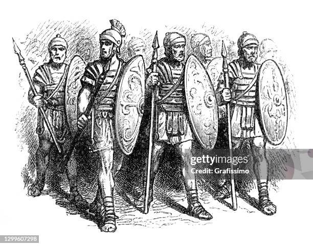 ilustraciones, imágenes clip art, dibujos animados e iconos de stock de soldados romanos en uniforme militar del siglo iv - roman army