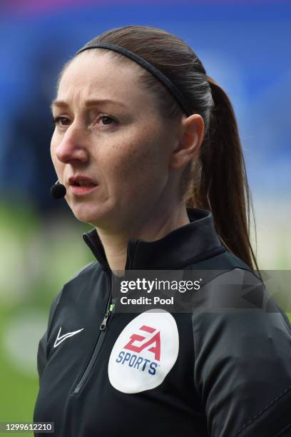 Match Official, Sian Massey looks on during the warm up prior to the Premier League match between Leicester City and Leeds United at The King Power...