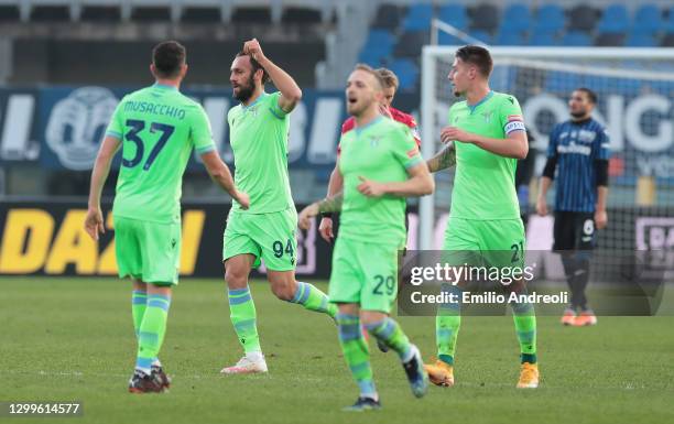 Vedat Muriqi of SS Lazio celebrates after scoring their side's third goal during the Serie A match between Atalanta BC and SS Lazio at Gewiss Stadium...