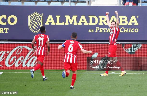 Saul Niguez of Atletico de Madrid celebrates after scoring their side's second goal during the La Liga Santander match between Cadiz CF and Atletico...