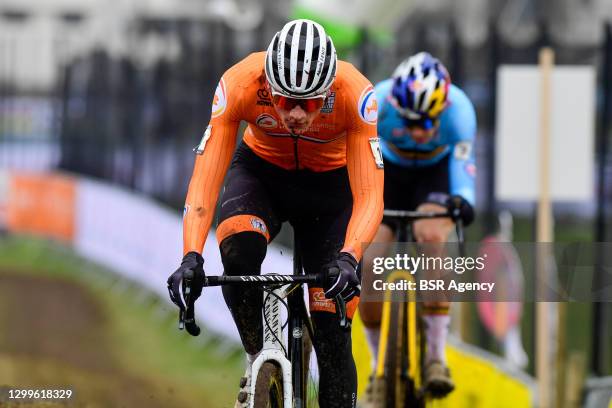 Wout van Aert of Belgium, Mathieu van der Poel of The Netherlands during the UCI Cyclo-cross World Championships - Women Elite on January 31, 2021 in...