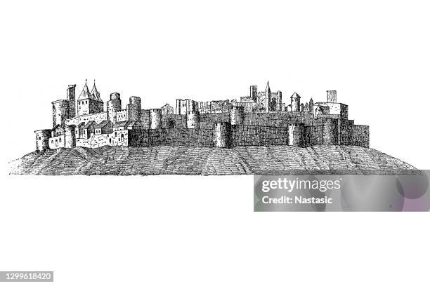 fortifications of carcassonne, aude, france - fortified wall stock illustrations