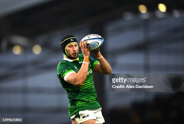 Adam Coleman of London Irish wins the ball in the lineout during the Gallagher Premiership Rugby match between London Irish and Newcastle Falcons at...