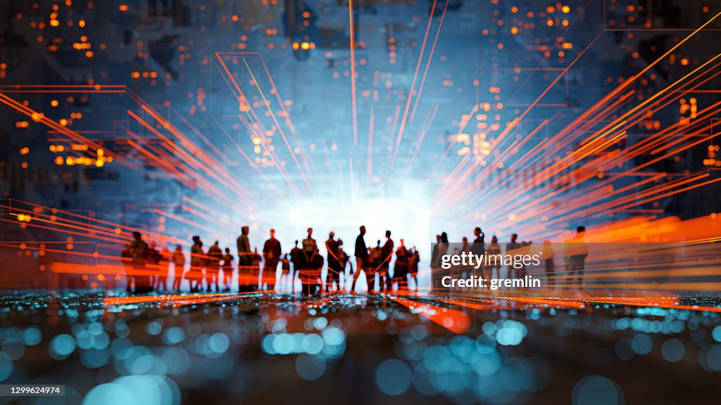 Futuristic city VR wire frame with group of people