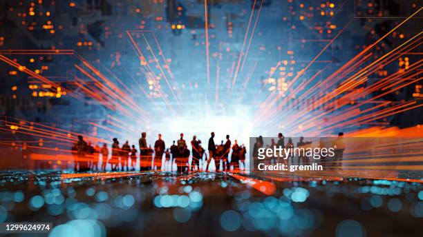 futuristic city vr wire frame with group of people - connection imagens e fotografias de stock