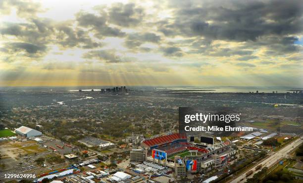 An aerial view of Raymond James Stadium ahead of Super Bowl LV on January 31, 2021 in Tampa, Florida.