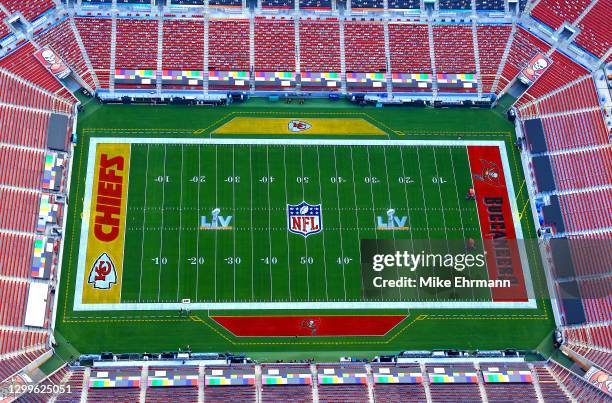 An aerial view of Raymond James Stadium ahead of Super Bowl LV on January 31, 2021 in Tampa, Florida.