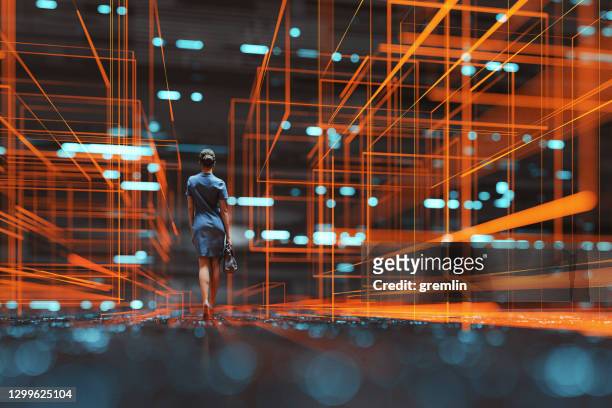 futuristica città vr wire frame con donna d'affari a piedi - built structure foto e immagini stock